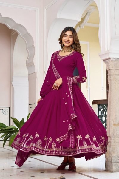Stunning Pink  Front and Back Thread with Embroidery Work Gown with Pant & Dupatta for Wedding Wear  Plus Size Kurti / Gown