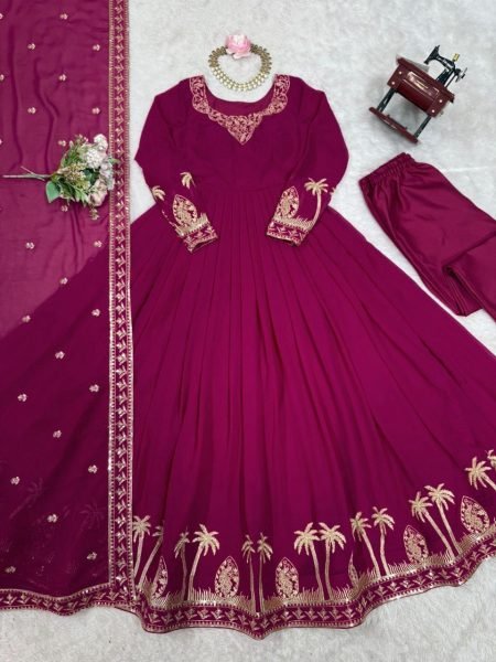 Stunning Pink  Front and Back Thread with Embroidery Work Gown with Pant & Dupatta for Wedding Wear  Plus Size Kurti / Gown