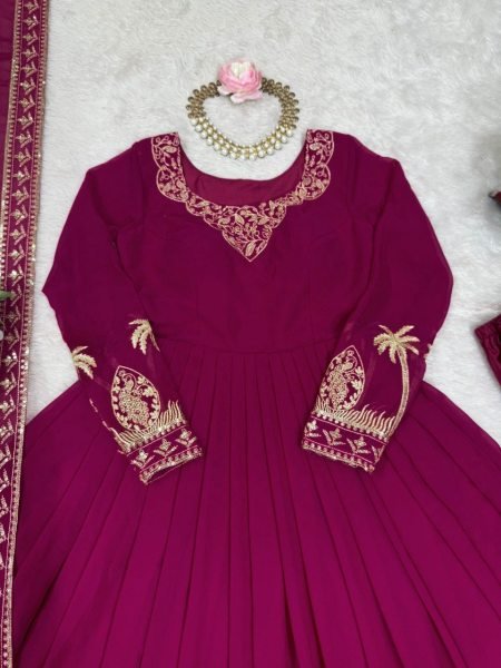 Stunning Pink  Front and Back Thread with Embroidery Work Gown with Pant & Dupatta for Wedding Wear  Plus Size Kurti / Gown