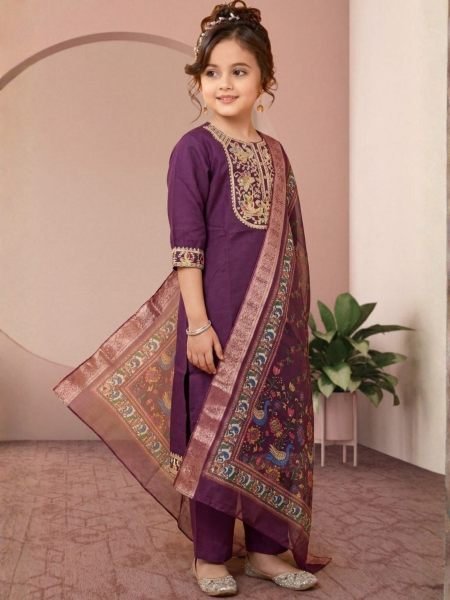 Stunning Purple Girls Rayon Slub Embroidered Top Bottom Dupatta Set for Function Kurtis