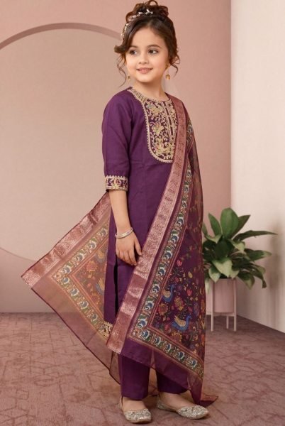 Stunning Purple Girls Rayon Slub Embroidered Top Bottom Dupatta Set for Function Girls Wear