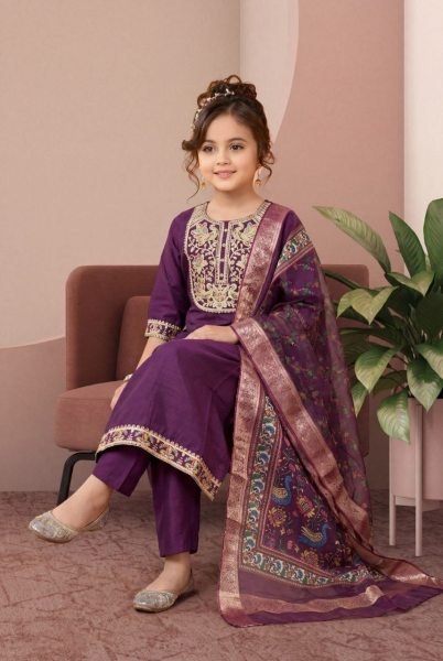 Stunning Purple Girls Rayon Slub Embroidered Top Bottom Dupatta Set for Function Girls Wear