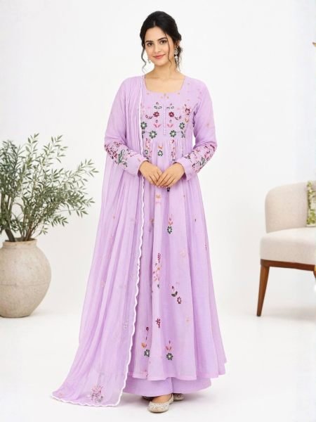 Stunning Purple Mul Chanderi Embroidered Top with Roman Cotton Silk Pant Ready To Wear Suit