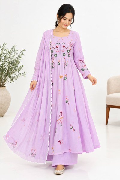 Stunning Purple Mul Chanderi Embroidered Top with Roman Cotton Silk Pant Ready To Wear Collection