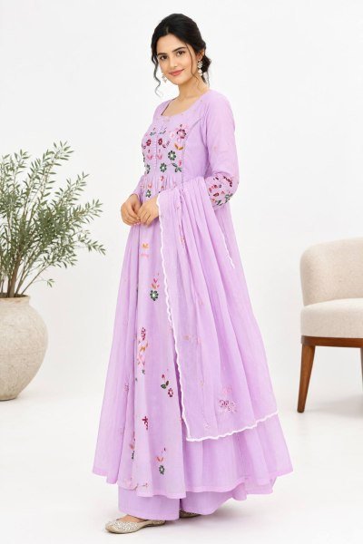 Stunning Purple Mul Chanderi Embroidered Top with Roman Cotton Silk Pant Ready To Wear Collection