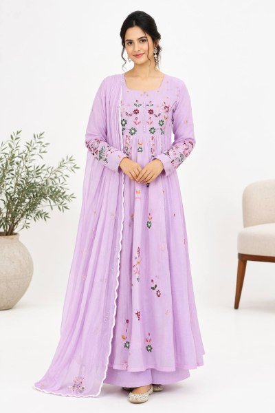 Stunning Purple Mul Chanderi Embroidered Top with Roman Cotton Silk Pant Ready To Wear Collection