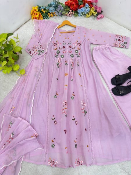Stunning Purple Mul Chanderi Embroidered Top with Roman Cotton Silk Pant Ready To Wear Collection