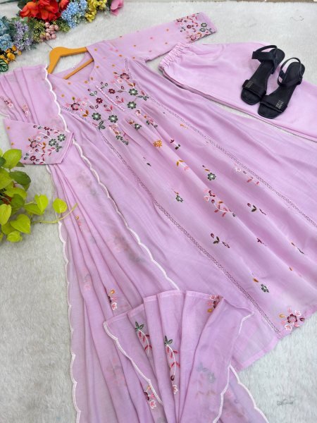 Stunning Purple Mul Chanderi Embroidered Top with Roman Cotton Silk Pant Ready To Wear Collection