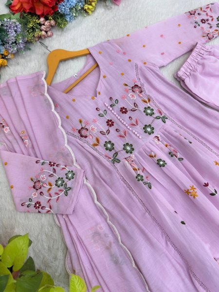Stunning Purple Mul Chanderi Embroidered Top with Roman Cotton Silk Pant Ready To Wear Collection