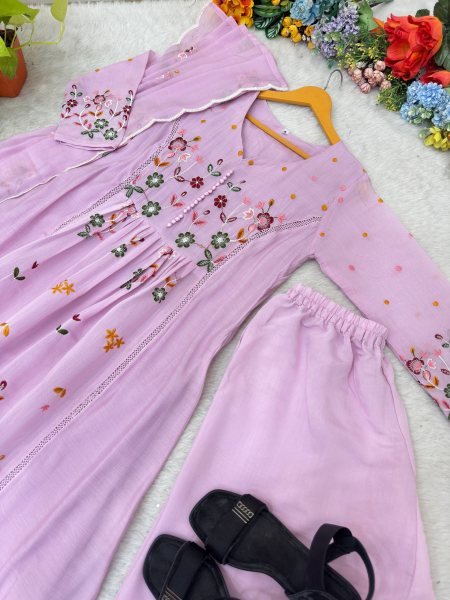 Stunning Purple Mul Chanderi Embroidered Top with Roman Cotton Silk Pant Ready To Wear Collection