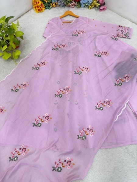 Stunning Purple Mul Chanderi Embroidered Top with Roman Cotton Silk Pant Ready To Wear Collection