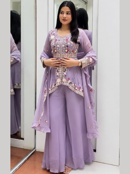 Stunning Purple Premium Rangoli Silk Kurti Pant Set with Sequins Embroidered Dupatta Ready To Wear Suit