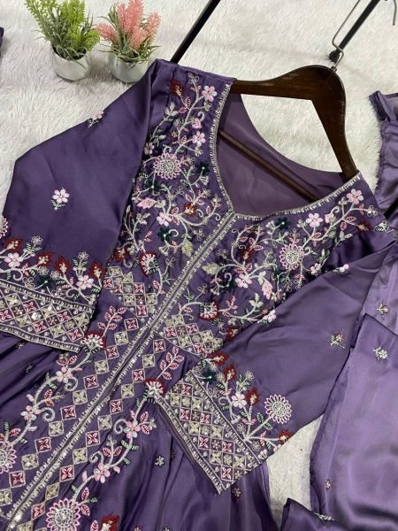 Stunning Purple Premium Rangoli Silk Kurti Pant Set with Sequins Embroidered Dupatta Ready To Wear Collection