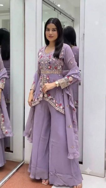 Stunning Purple Premium Rangoli Silk Kurti Pant Set with Sequins Embroidered Dupatta Ready To Wear Collection