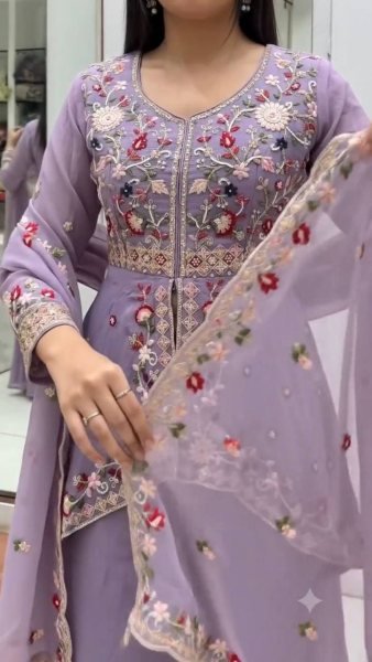 Stunning Purple Premium Rangoli Silk Kurti Pant Set with Sequins Embroidered Dupatta Ready To Wear Collection
