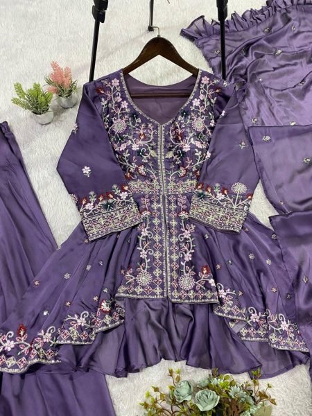 Stunning Purple Premium Rangoli Silk Kurti Pant Set with Sequins Embroidered Dupatta Ready To Wear Collection