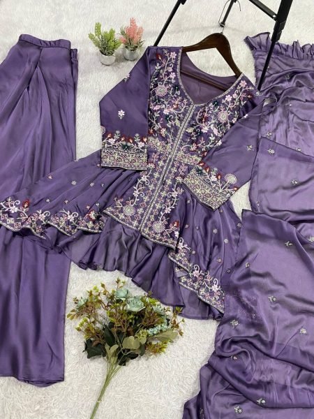Stunning Purple Premium Rangoli Silk Kurti Pant Set with Sequins Embroidered Dupatta Ready To Wear Collection