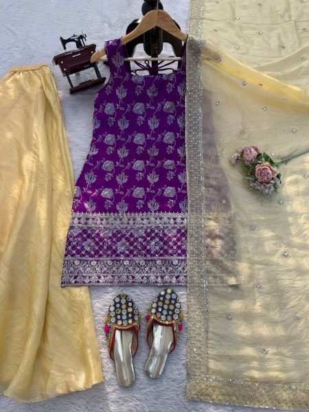 Stunning purple Ready to wear Jacquard Thread Sequence Top with Crunchy Silk Palazzo and Dupatta Set Ready To Wear Collection