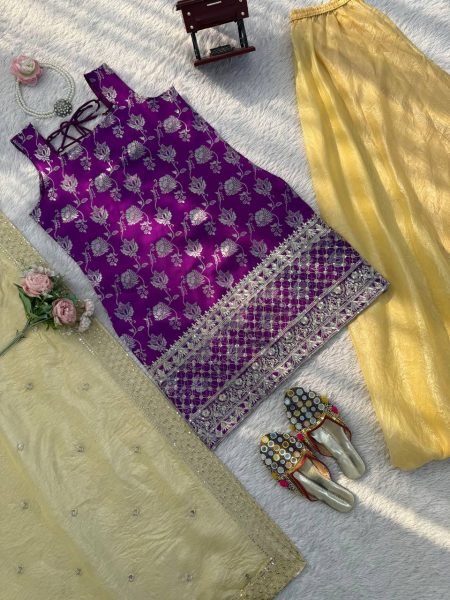 Stunning purple Ready to wear Jacquard Thread Sequence Top with Crunchy Silk Palazzo and Dupatta Set Ready To Wear Collection