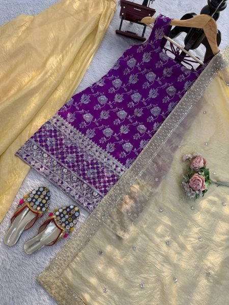 Stunning purple Ready to wear Jacquard Thread Sequence Top with Crunchy Silk Palazzo and Dupatta Set Ready To Wear Collection