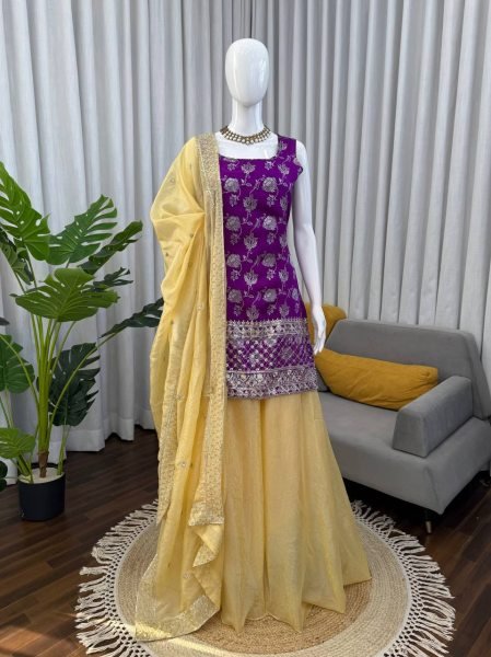 Stunning purple Ready to wear Jacquard Thread Sequence Top with Crunchy Silk Palazzo and Dupatta Set Ready To Wear Collection