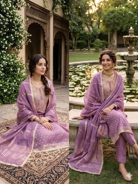 Stunning Purple Simmer Silk Kodding Sequin Work Suit with Santoon Bottom For Wedding 