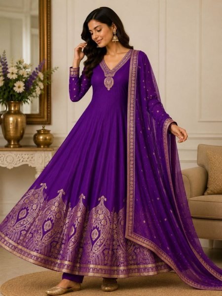 Stunning Purple Women s Pure Banarasi Anarkali Suit Set with Zari Weaving and Dupatta Kurtis