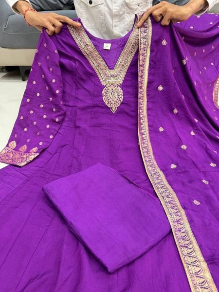 Stunning Purple Women s Pure Banarasi Anarkali Suit Set with Zari Weaving and Dupatta Anarkali Kurtis 