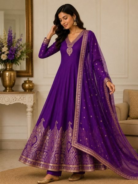 Stunning Purple Women s Pure Banarasi Anarkali Suit Set with Zari Weaving and Dupatta Anarkali Kurtis 