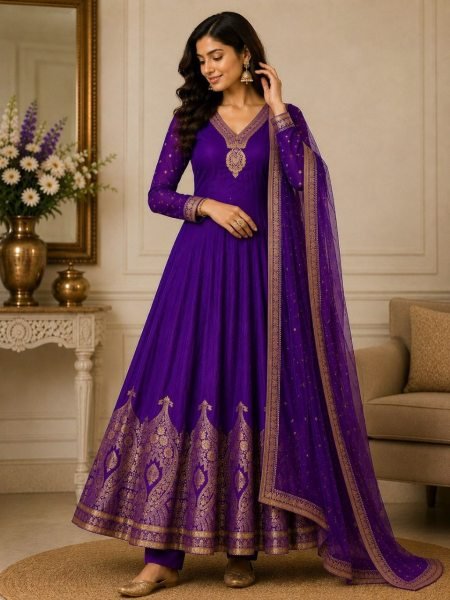 Stunning Purple Women s Pure Banarasi Anarkali Suit Set with Zari Weaving and Dupatta Anarkali Kurtis 