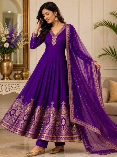 Stunning Purple Women s Pure Banarasi Anarkali Suit Set with Zari Weaving and Dupatta Anarkali Kurtis 