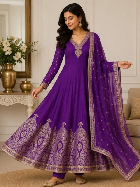 Stunning Purple Women s Pure Banarasi Anarkali Suit Set with Zari Weaving and Dupatta Anarkali Kurtis 