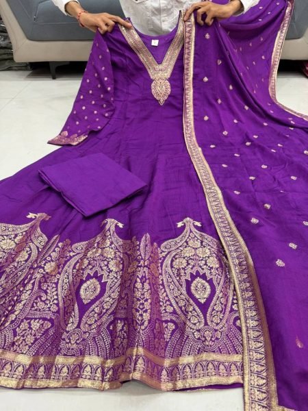 Stunning Purple Women s Pure Banarasi Anarkali Suit Set with Zari Weaving and Dupatta Anarkali Kurtis 