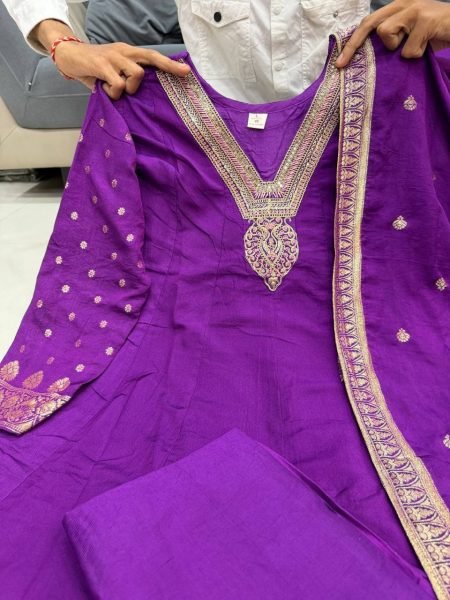 Stunning Purple Women s Pure Banarasi Anarkali Suit Set with Zari Weaving and Dupatta Anarkali Kurtis 