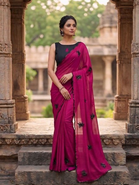 Stunning Rani Pink Best Selling Floral Embroidery Saree for Women