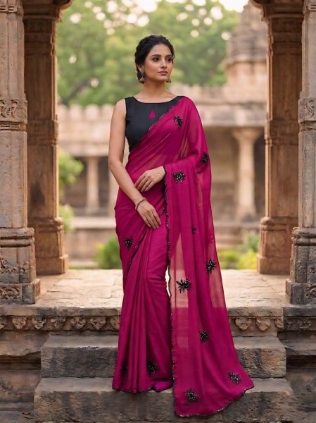Stunning Rani Pink Best Selling Floral Embroidery Saree for Women Silk Sarees Wholesale