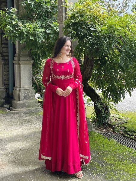 Stunning Rani Pink Designer Fox Georgette Embroidered Gown with Sequin Dupatta Ready To Wear Suit