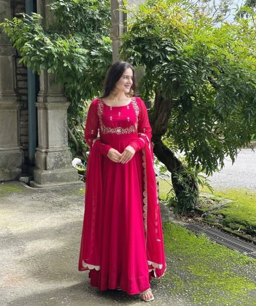 Stunning Rani Pink Designer Fox Georgette Embroidered Gown with Sequin Dupatta Ready To Wear Collection