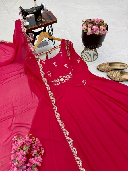 Stunning Rani Pink Designer Fox Georgette Embroidered Gown with Sequin Dupatta Ready To Wear Collection
