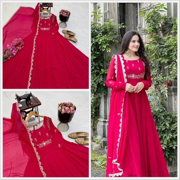 Stunning Rani Pink Designer Fox Georgette Embroidered Gown with Sequin Dupatta Ready To Wear Collection