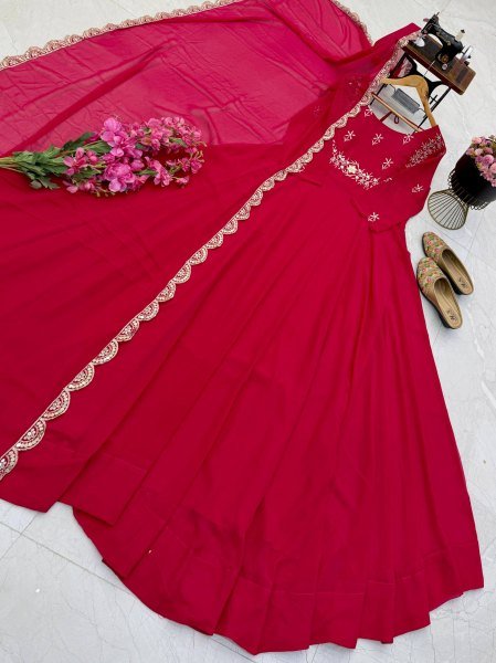 Stunning Rani Pink Designer Fox Georgette Embroidered Gown with Sequin Dupatta Ready To Wear Collection