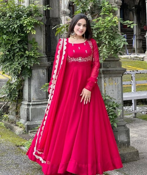 Stunning Rani Pink Designer Fox Georgette Embroidered Gown with Sequin Dupatta Ready To Wear Collection