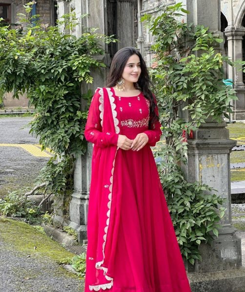 Stunning Rani Pink Designer Fox Georgette Embroidered Gown with Sequin Dupatta Ready To Wear Collection