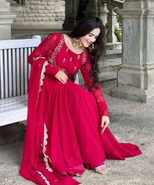 Stunning Rani Pink Designer Fox Georgette Embroidered Gown with Sequin Dupatta Ready To Wear Collection