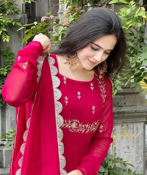 Stunning Rani Pink Designer Fox Georgette Embroidered Gown with Sequin Dupatta Ready To Wear Collection