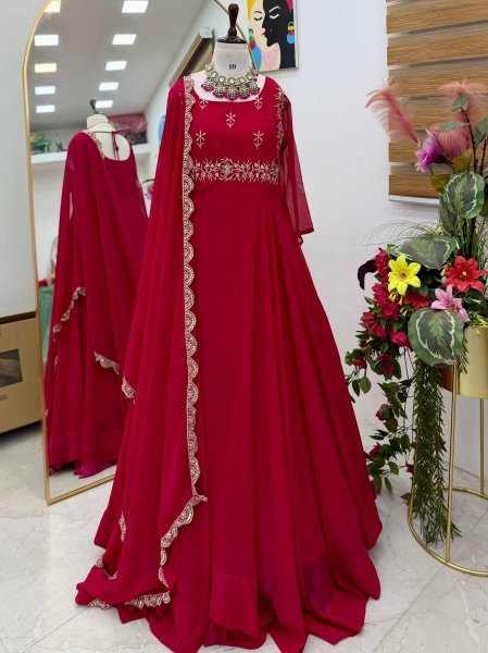 Stunning Rani Pink Designer Fox Georgette Embroidered Gown with Sequin Dupatta Ready To Wear Collection