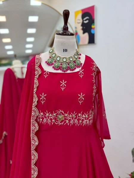 Stunning Rani Pink Designer Fox Georgette Embroidered Gown with Sequin Dupatta Ready To Wear Collection