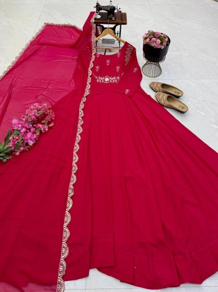 Stunning Rani Pink Designer Fox Georgette Embroidered Gown with Sequin Dupatta Ready To Wear Collection