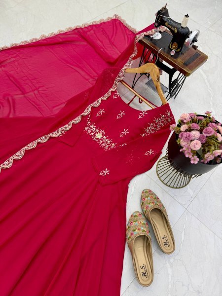 Stunning Rani Pink Designer Fox Georgette Embroidered Gown with Sequin Dupatta Ready To Wear Collection