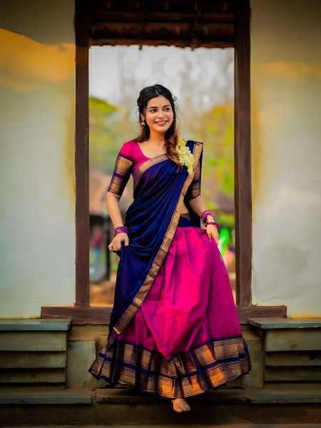 Stunning Rani Pink Kanjivaram Silk Half Saree with Banarasi Silk Zari Weaving   Lehenga